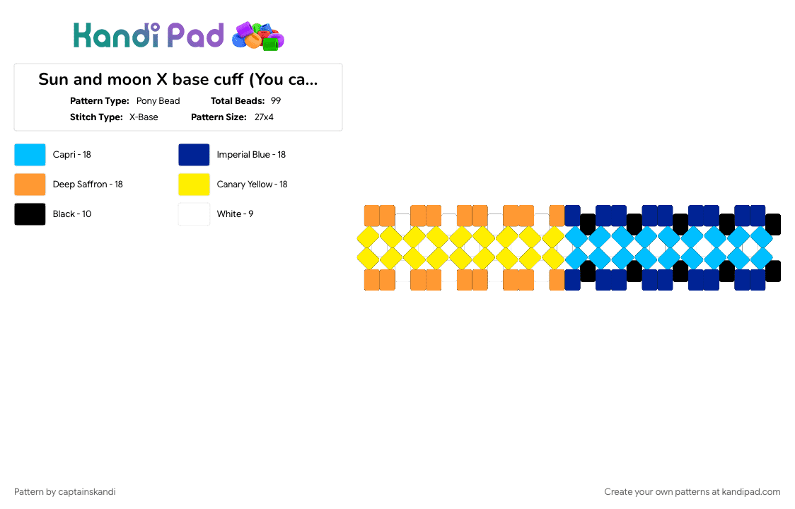 Sun and moon X base cuff (You can make it a rotator if you want!) - Pony Bead Pattern by captainskandi on Kandi Pad - blue, cuff base, cuff pattern, light blue, moon, orange, purple, sun, x base cuff, yellow