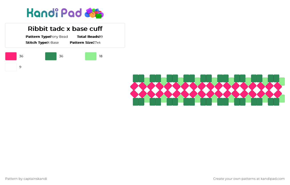 Ribbit tadc x base cuff - Pony Bead Pattern by captainskandi on Kandi Pad - cartoon, character, green, pink, ribbit, tadc, white
