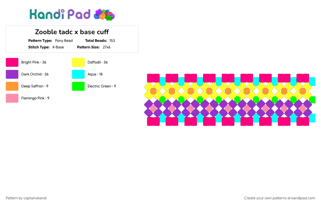 Zooble tadc x base cuff - Pony Bead Pattern by captainskandi on Kandi Pad - cartoon, character, characters, pink, purple, tadc, xbasecuff, yellow, zooble, zooble tadc