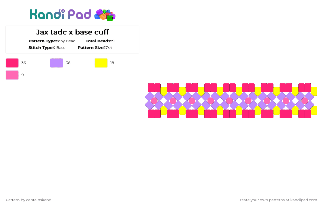 Jax tadc x base cuff - Pony Bead Pattern by captainskandi on Kandi Pad - cartoon, character, jax, pink, purple, tadc, yellow