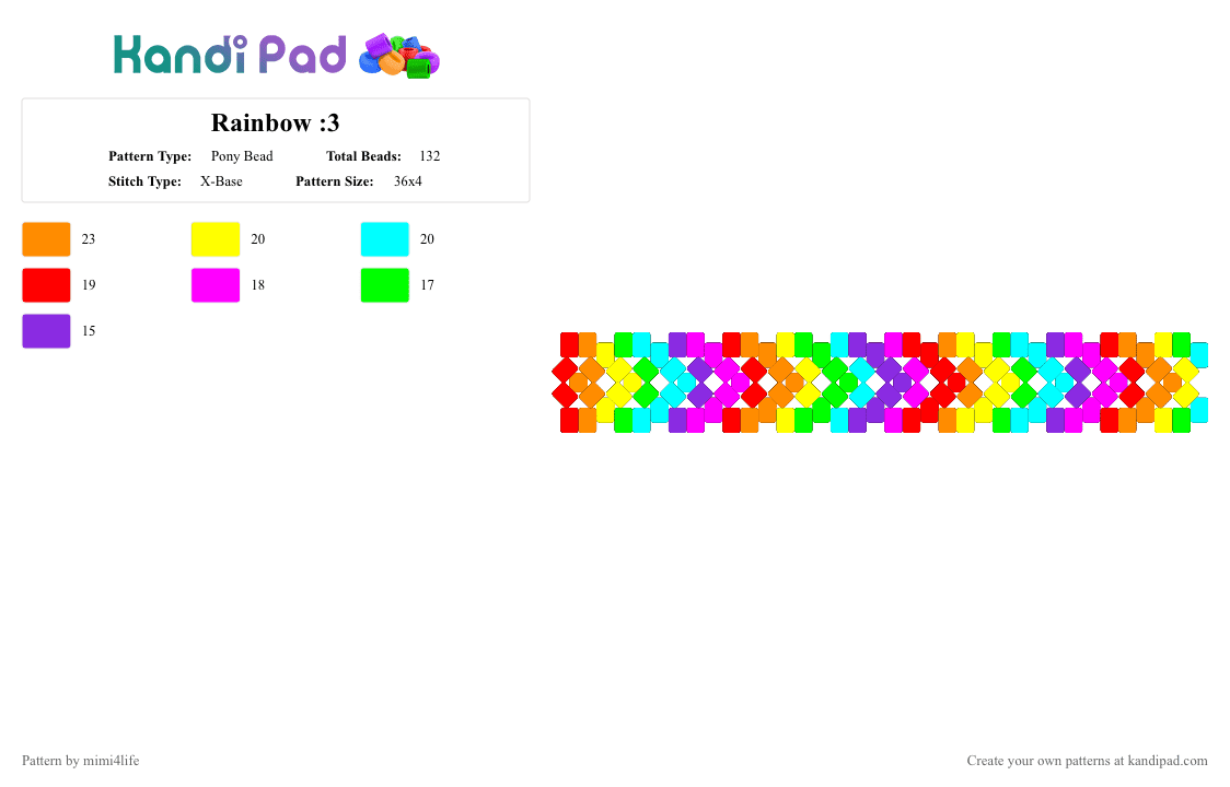 Rainbow :3 - Pony Bead Pattern by mimi4life on Kandi Pad - colorful, green, orange, pink