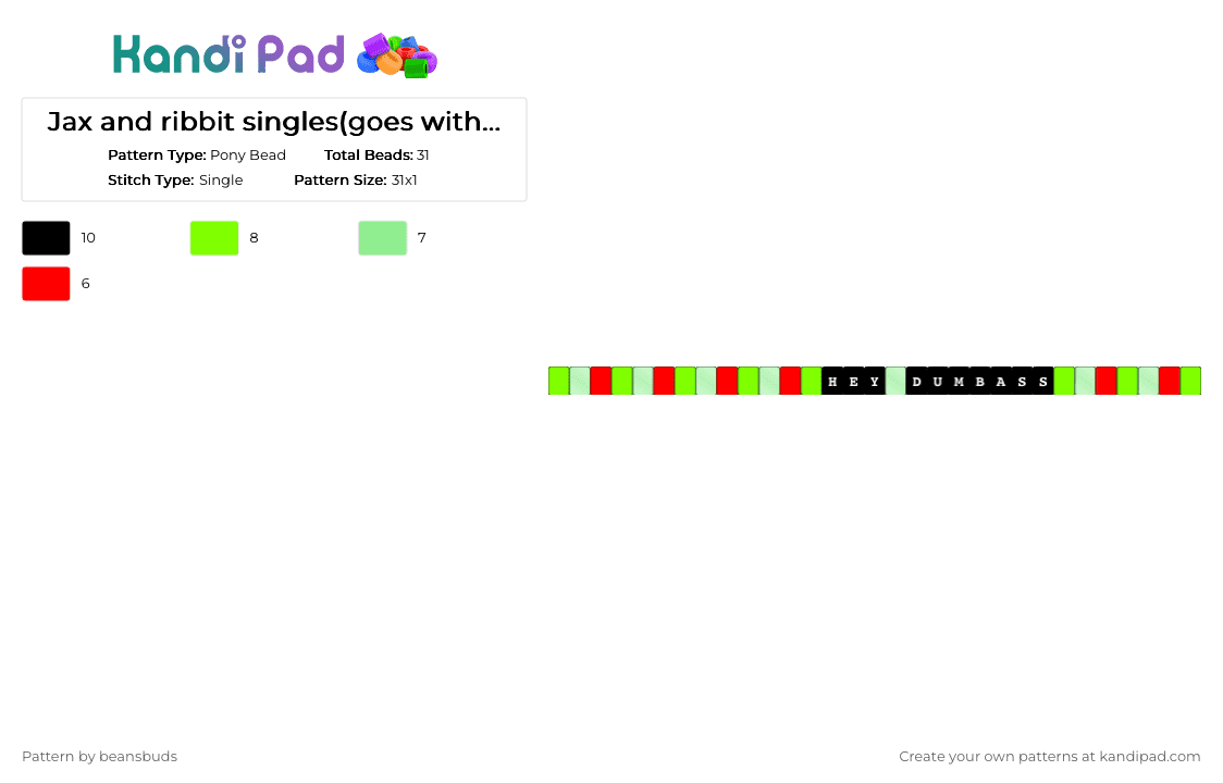 Jax and ribbit singles(goes with the jax single that I posted - Pony Bead Pattern by beansbuds on Kandi Pad - green,teal