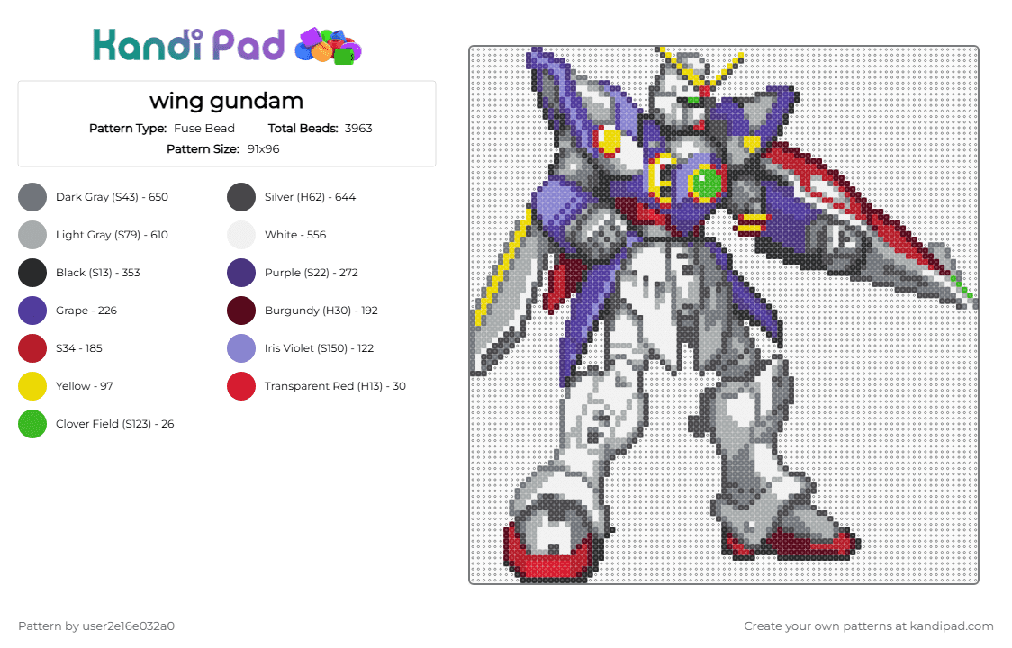 wing gundam - Fuse Bead Pattern by user2e16e032a0 on Kandi Pad - purple,brown,gray