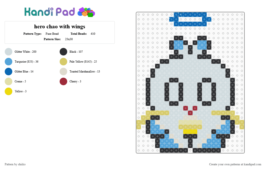 hero chao with wings - Fuse Bead Pattern by shiiko on Kandi Pad - chao, character, hero chao, light blue, sega, sonic, sonic adventure 2, sonic the hedgehog, video game, white, yellow