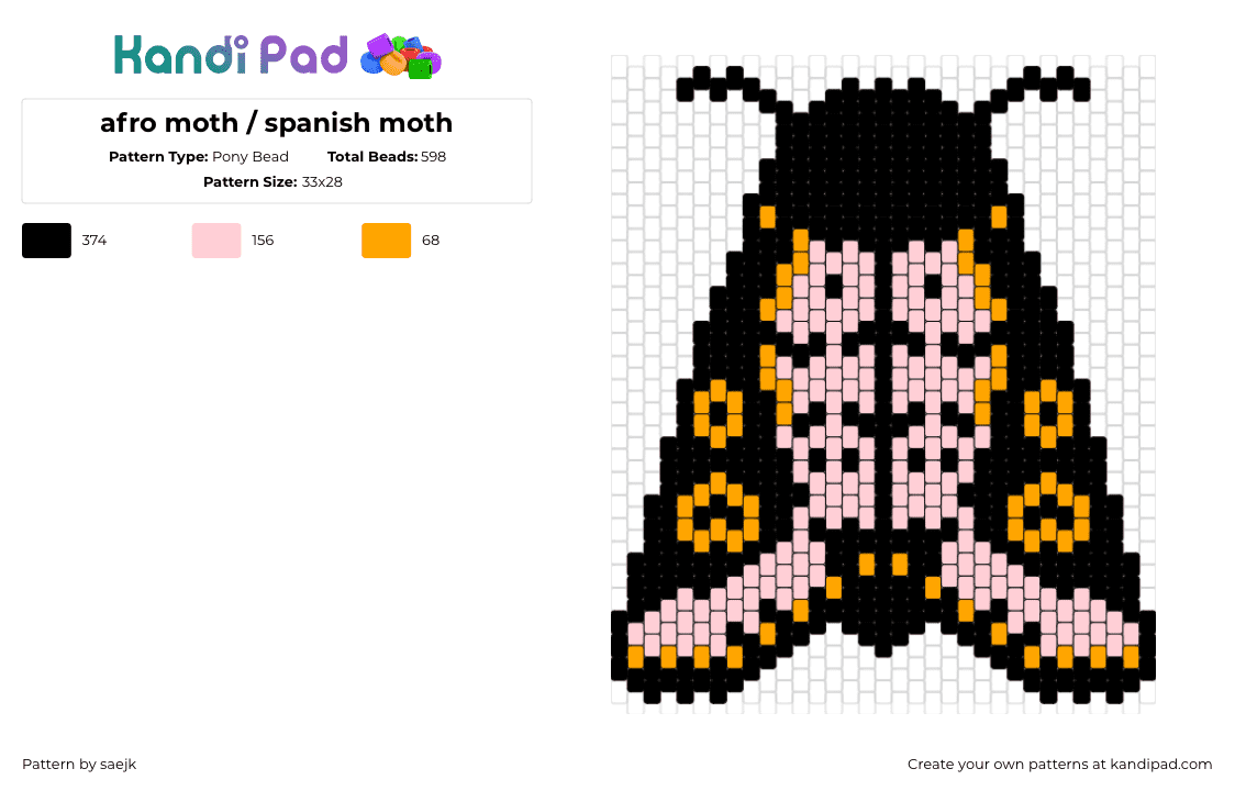 afro moth / spanish moth - Pony Bead Pattern by saejk on Kandi Pad - moth,insect,winged,animal,pink,black,orange