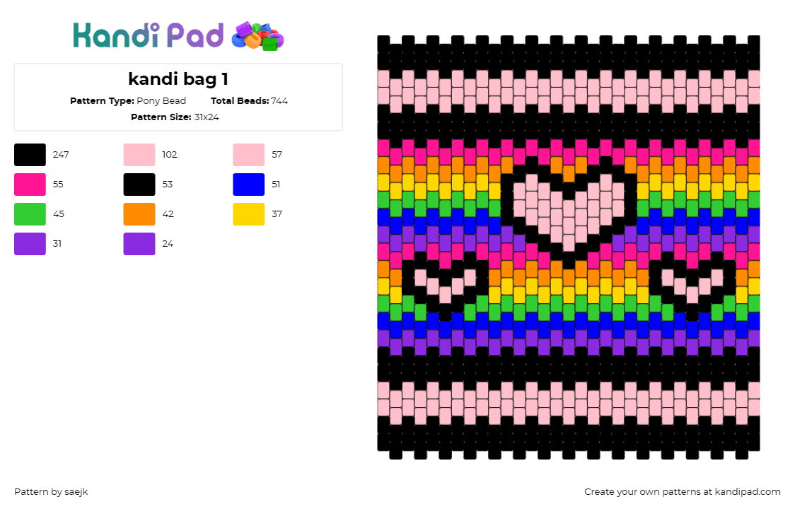 kandi bag 1 - Pony Bead Pattern by saejk on Kandi Pad - hearts,rainbow,bag,panel,stripes,colorful,pink,black