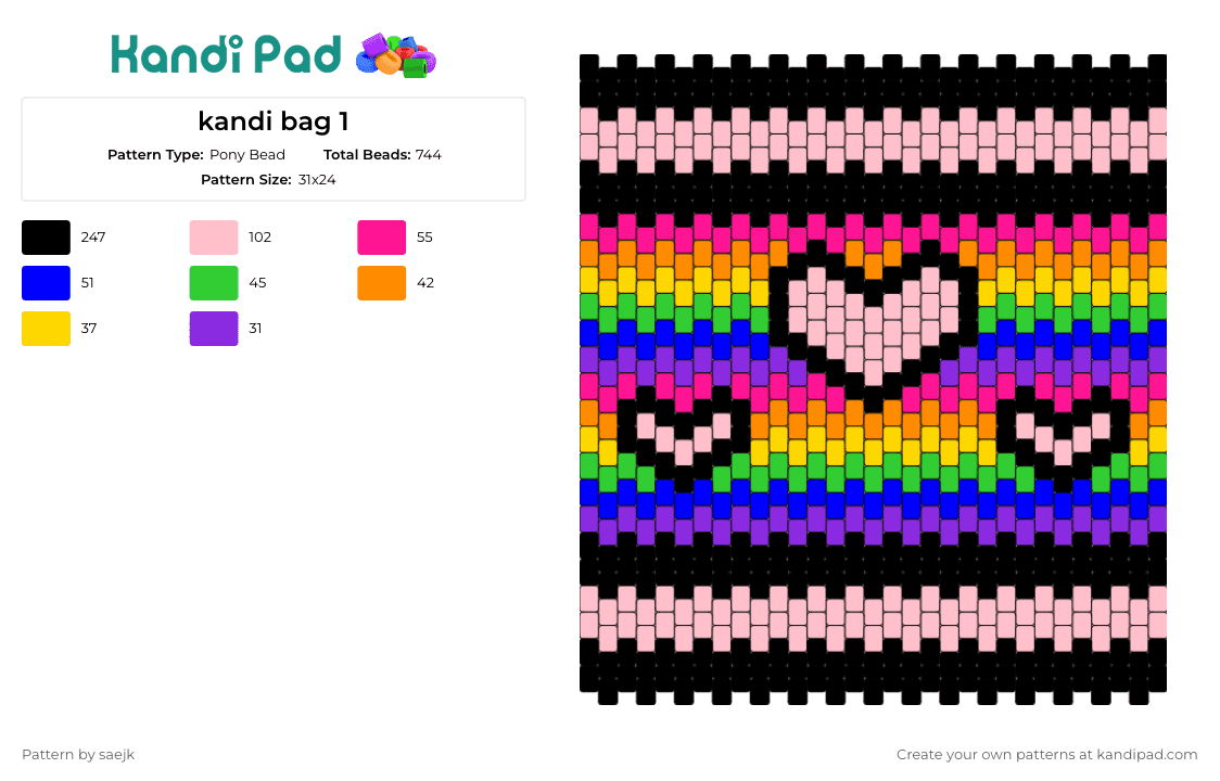kandi bag 1 - Pony Bead Pattern by saejk on Kandi Pad - hearts,rainbow,bag,panel,stripes,colorful,pink,black