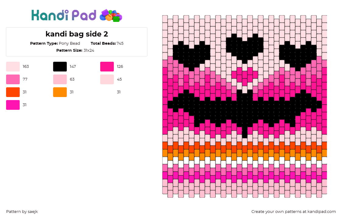 kandi bag side 2 - Pony Bead Pattern by saejk on Kandi Pad - bat,hearts,bag,panel,spooky,pink,black,orange