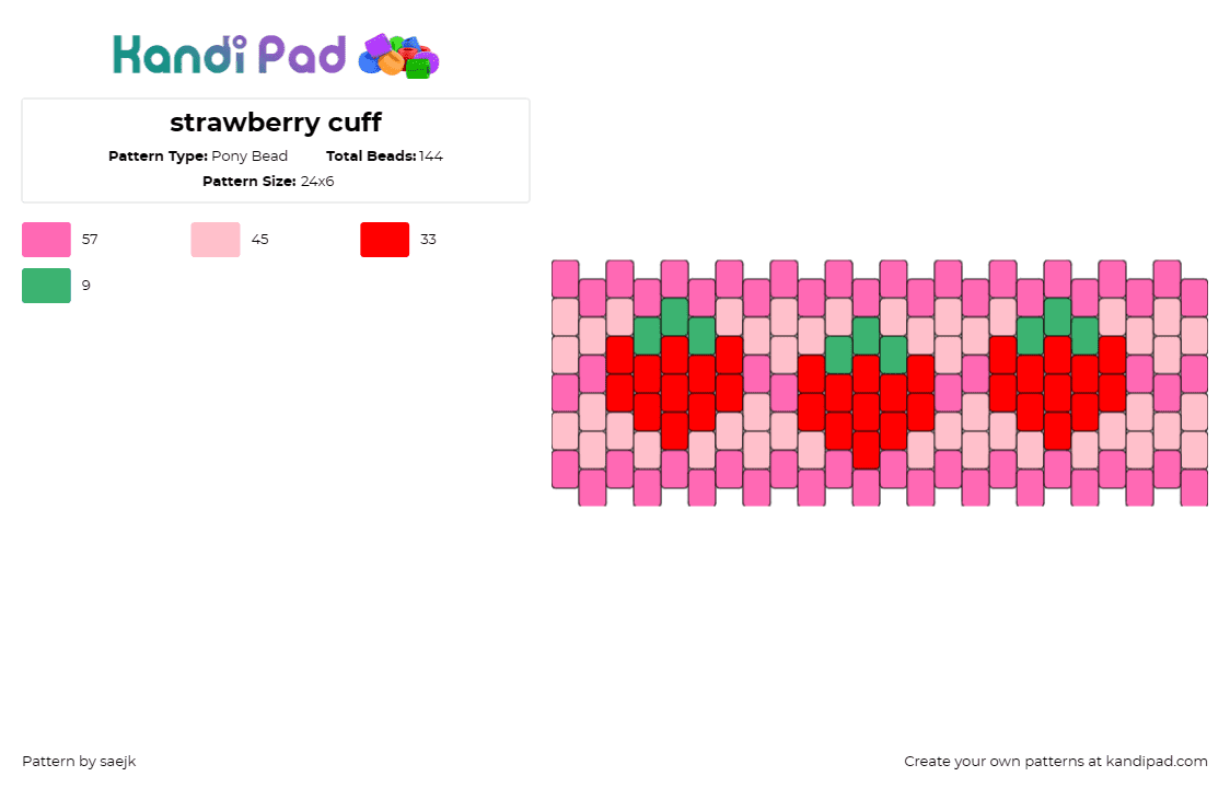 strawberry cuff - Pony Bead Pattern by saejk on Kandi Pad - strawberries,fruit,summer,food,repeating,cuff,red,pink