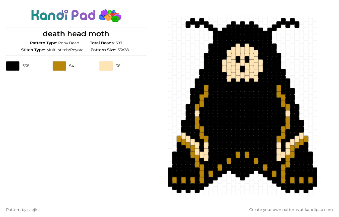 death head moth - Pony Bead Pattern by saejk on Kandi Pad - black,gold,beige