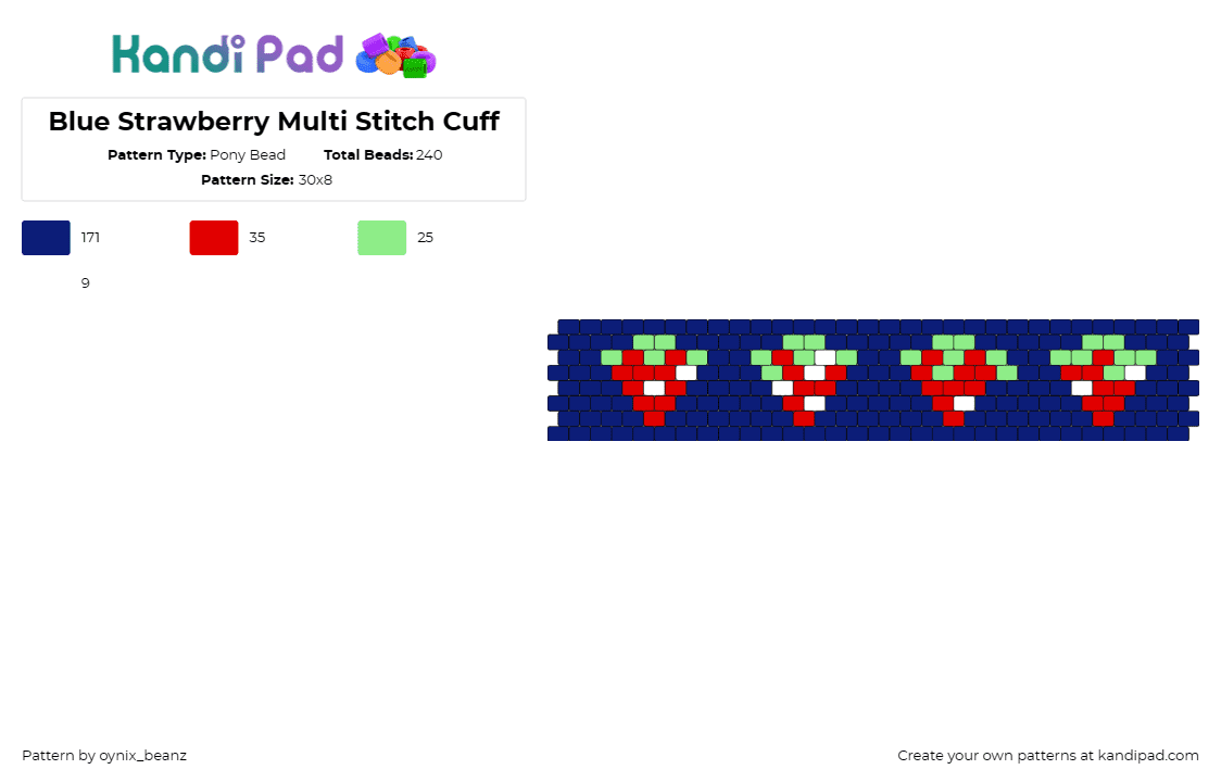 Blue Strawberry Multi Stitch Cuff - Pony Bead Pattern by oynix_beanz on Kandi Pad - strawberries,fruit,food,cuff,red,blue