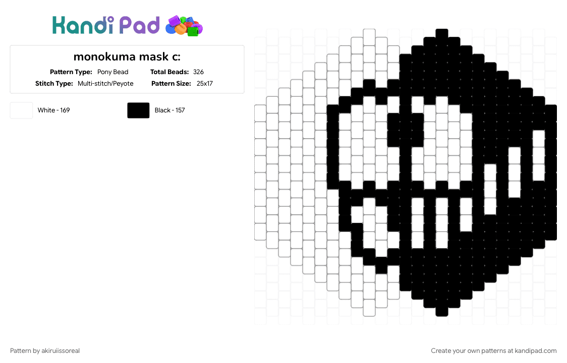 monokuma mask c: (read desc!!) - Pony Bead Pattern by akiruiissoreal on Kandi Pad - animal, black, black and white, character, danganronpa, mask, monokuma, video game, white