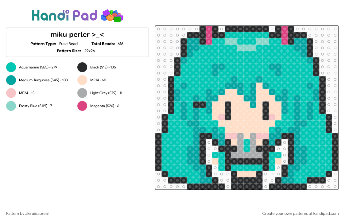 miku perler ^▽^ - Fuse Bead Pattern by akiruiissoreal on Kandi Pad - blue hair, blue tie, character, hatsune miku, hiding in your wifi, music, teal, vocaloid