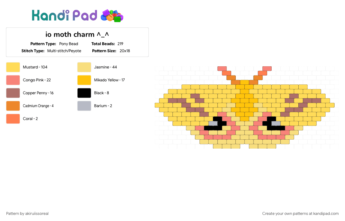 io moth charm ^_^ - Pony Bead Pattern by akiruiissoreal on Kandi Pad - animal, animals, charm, cute, moth, yellow