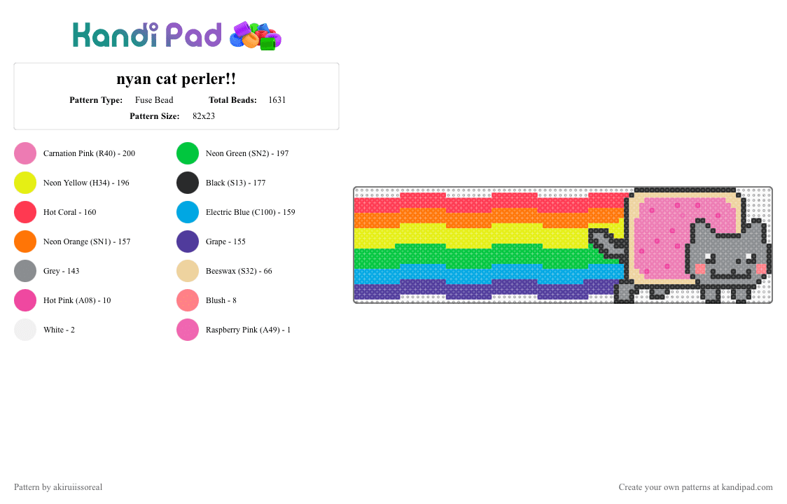 nyan cat perler!! - Fuse Bead Pattern by akiruiissoreal on Kandi Pad - colorful, green, orange, purple, red