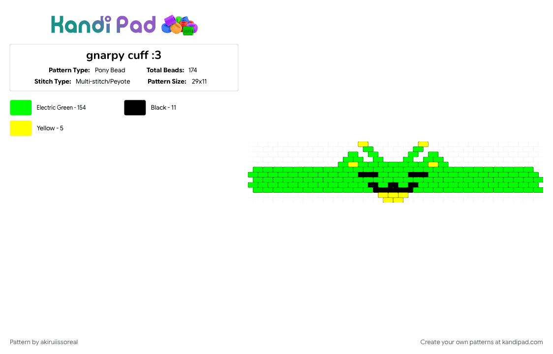 gnarpy cuff :3 - Pony Bead Pattern by akiruiissoreal on Kandi Pad - alien, alien cat, character, gnarpy, green, regretavator, silly, video game