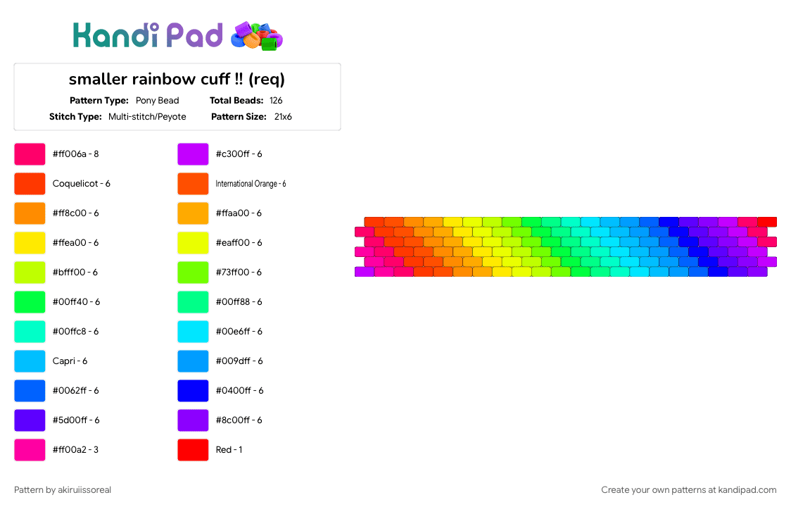 smaller rainbow cuff !! (req) - Pony Bead Pattern by akiruiissoreal on Kandi Pad - colorful, light blue, orange, purple, rainbow