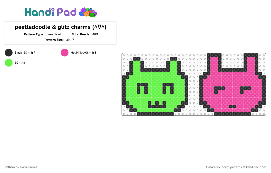 peetledoodle & glitz charms (^∇^) - Fuse Bead Pattern by akiruiissoreal on Kandi Pad - character, charm, green, peetledoodle, pink, pink and green