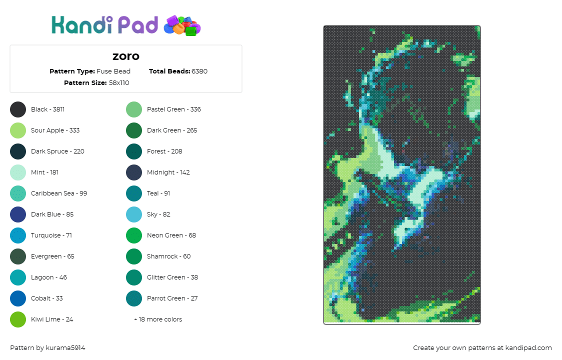 zoro - Fuse Bead Pattern by kurama5914 on Kandi Pad - roronoa zora,one piece,anime,green,black