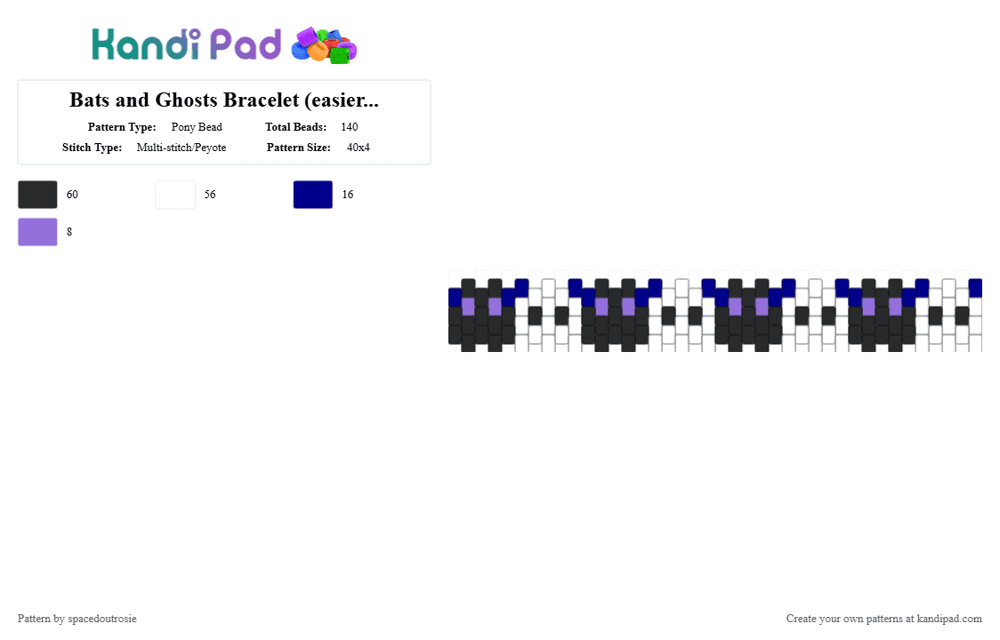 Bats and Ghosts Bracelet (easier version) - Pony Bead Pattern by spacedoutrosie on Kandi Pad - white,purple,spooky,peyote,ghost,bat,bracelet,cuff,beginner