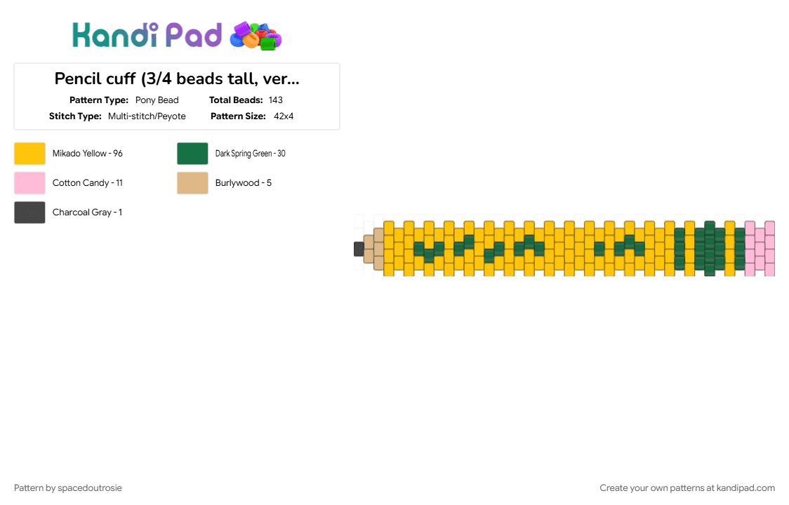 Pencil cuff (3/4 beads tall, vertical/multistitch) - Pony Bead Pattern by spacedoutrosie on Kandi Pad - cuffs, green, pencil, school, teacher, teaching, tool, yellow