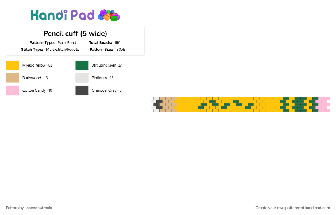 Pencil cuff (5 wide) - Pony Bead Pattern by spacedoutrosie on Kandi Pad - cuffs, cute, green, pencil, school, teacher, teaching, tool, yellow