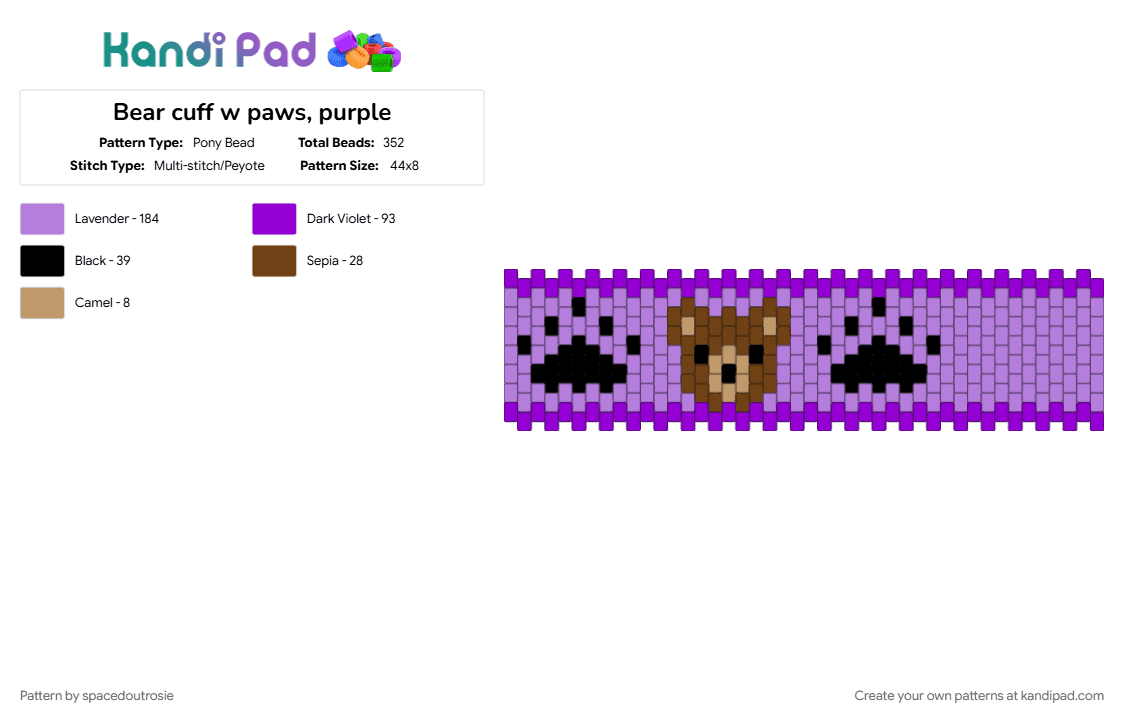 Bear cuff w paws, purple - Pony Bead Pattern by spacedoutrosie on Kandi Pad - bear, cuff, paw, paw print, pink, purple