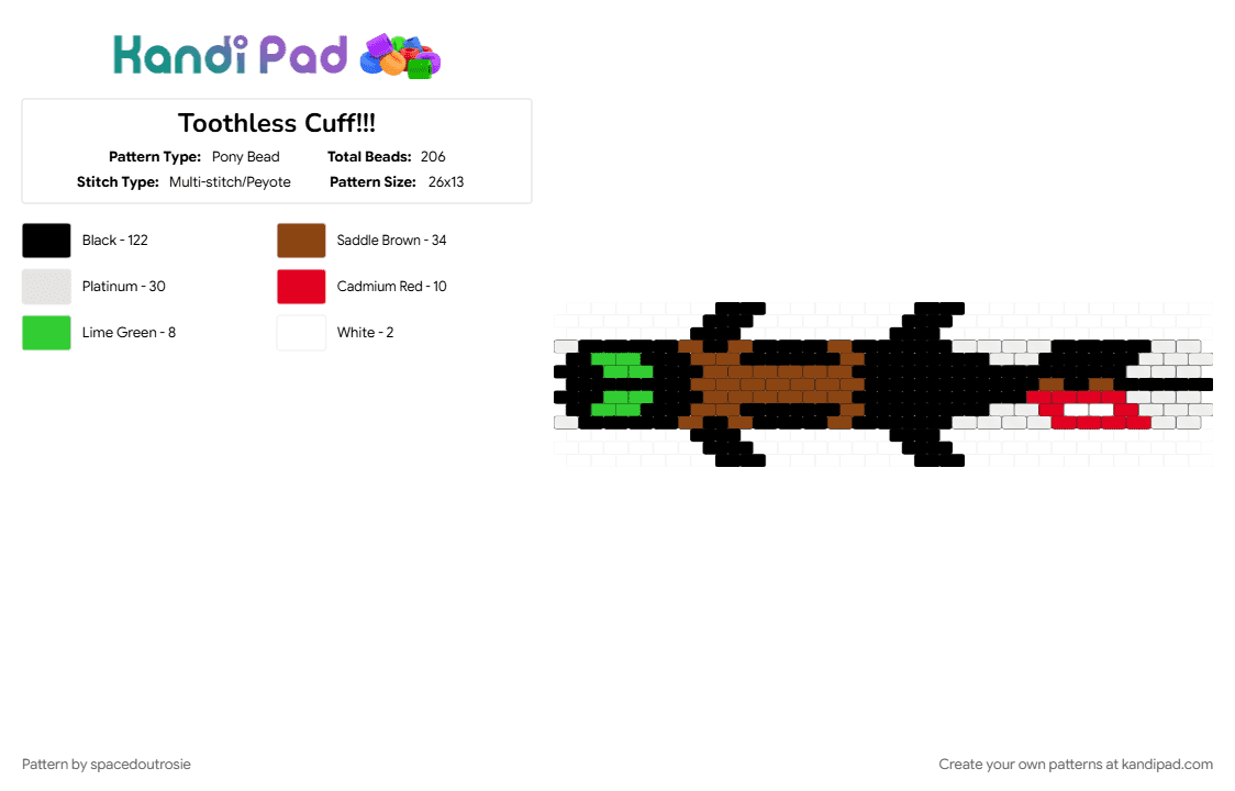 Toothless Cuff!!! - Pony Bead Pattern by spacedoutrosie on Kandi Pad - black, character, cuff, dragon, how to train your dragon, httyd, red, toothless