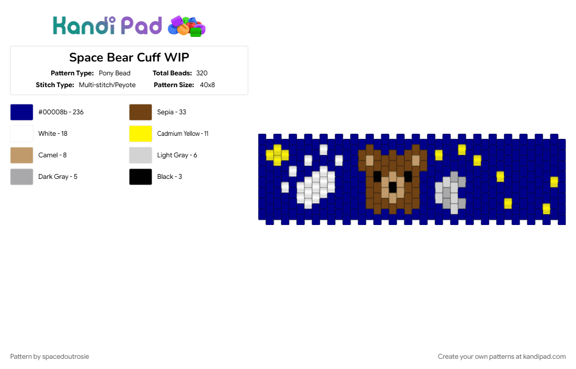 Space Bear Cuff WIP - Pony Bead Pattern by spacedoutrosie on Kandi Pad - purple