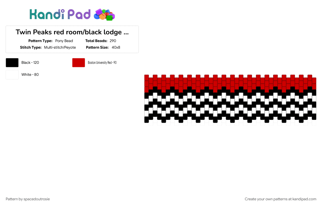 Twin Peaks red room/black lodge cuff - Pony Bead Pattern by spacedoutrosie on Kandi Pad - black and white, black lodge, red, tv show, twin peaks, white, zig zag