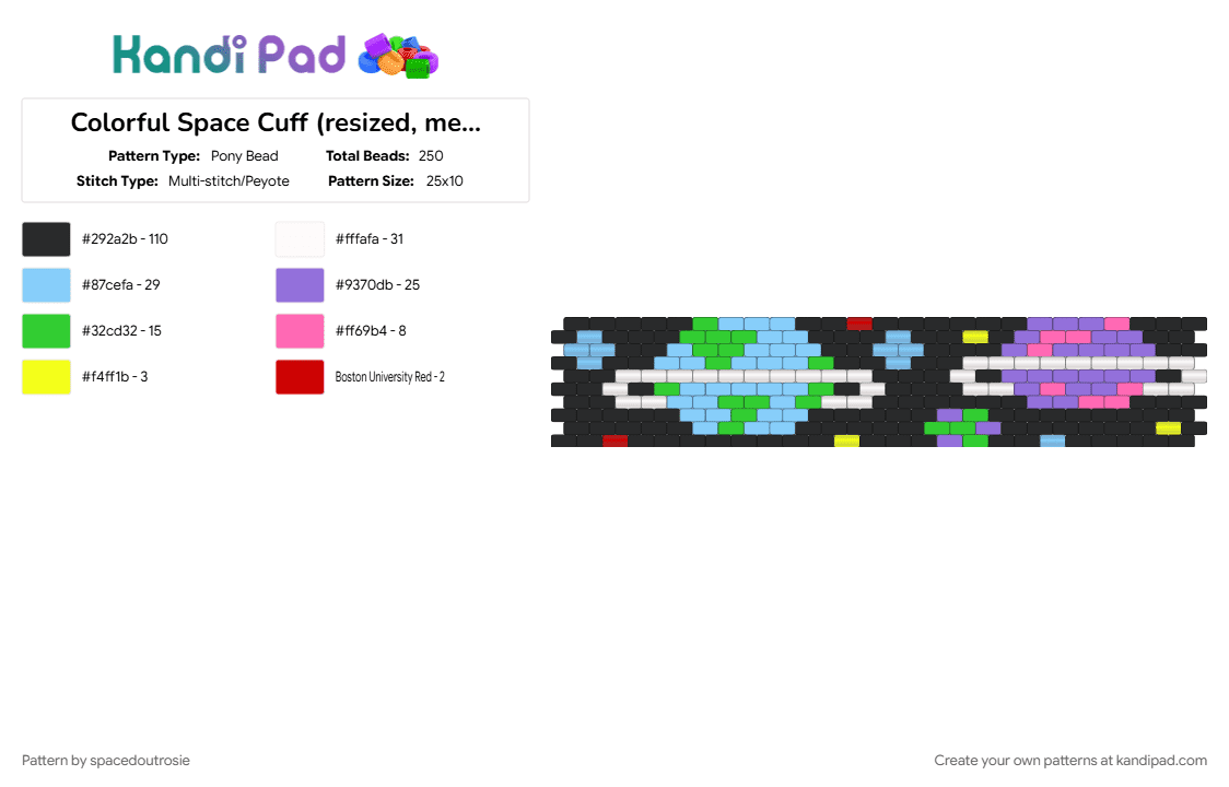 Colorful Space Cuff (resized, medium) - Pony Bead Pattern by spacedoutrosie on Kandi Pad - black, colorful, cuff, green, light blue, planets, purple, space, stars