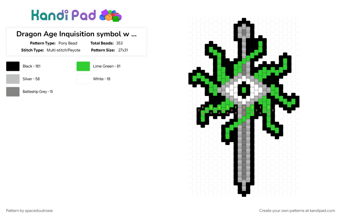 Dragon Age Inquisition symbol w outline [OC] - Pony Bead Pattern by spacedoutrosie on Kandi Pad - beige, black, charm, difficult, dragon age, dragon age inquisition, green, large charm, symbol, very large charm, video game