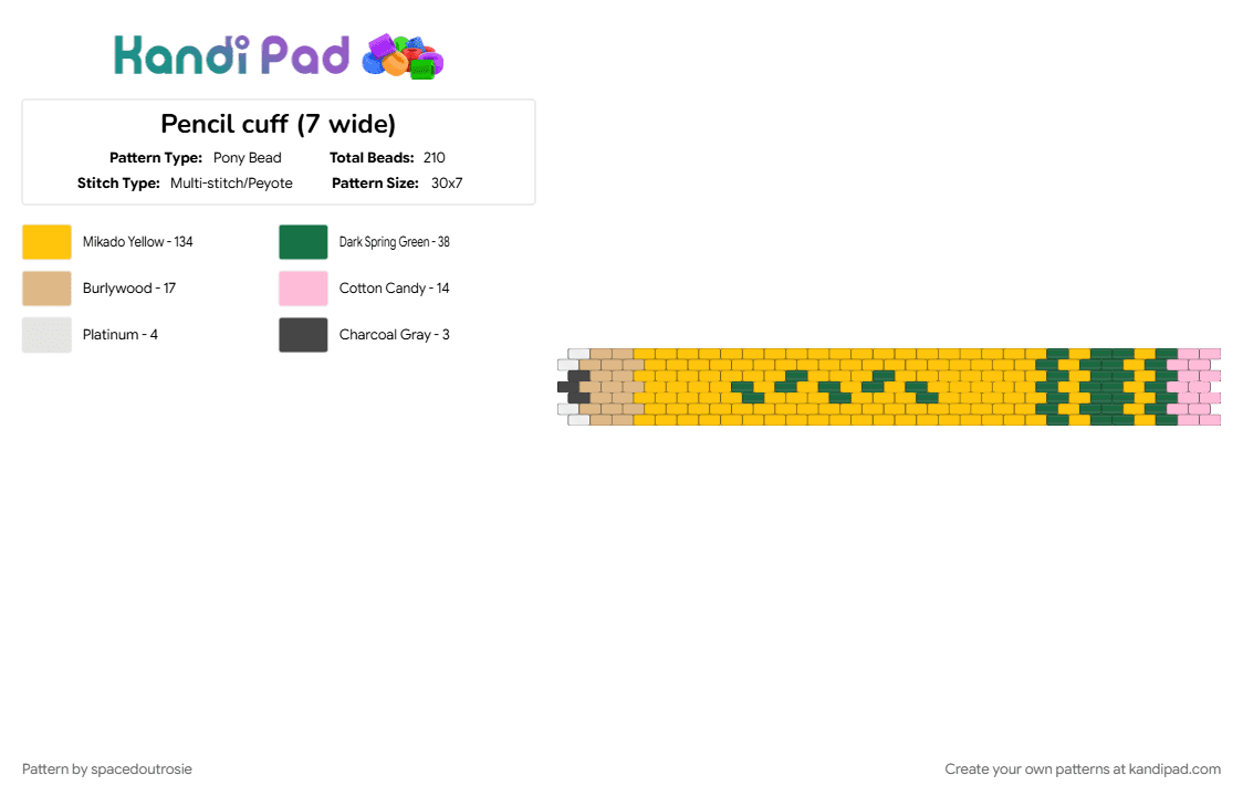 Pencil cuff (7 wide) - Pony Bead Pattern by spacedoutrosie on Kandi Pad - cuffs, cute, pencil, school, teacher, teaching, tool, yellow