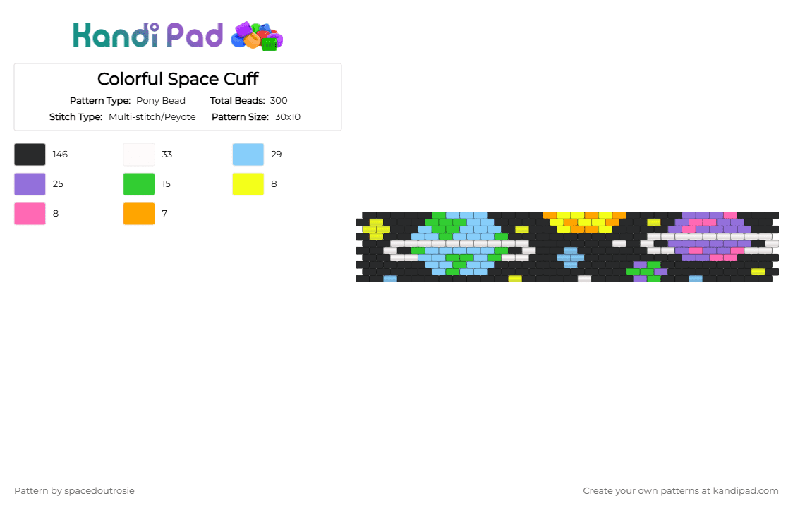 Colorful Space Cuff - Pony Bead Pattern by spacedoutrosie on Kandi Pad - black,green,light blue,purple