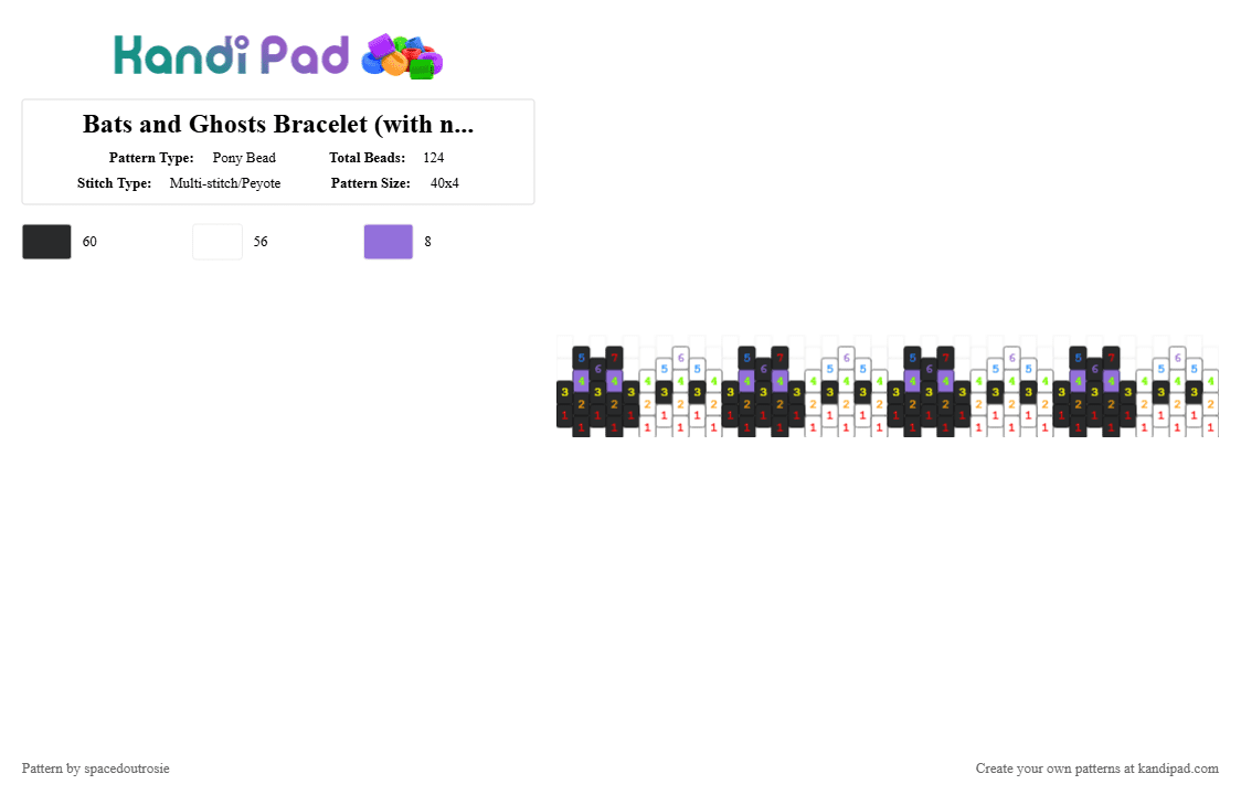 Bats and Ghosts Bracelet (with numbering) - Pony Bead Pattern by spacedoutrosie on Kandi Pad - bat, bracelet, cuff, ghost, numbered, peyote, spooky, white