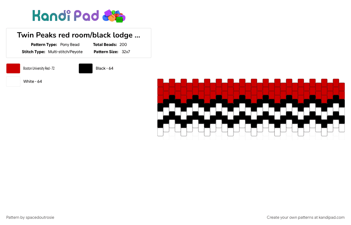 Twin Peaks red room/black lodge cuff - Pony Bead Pattern by spacedoutrosie on Kandi Pad - black and white, black lodge, red, tv show, twin peaks, white, zig zag