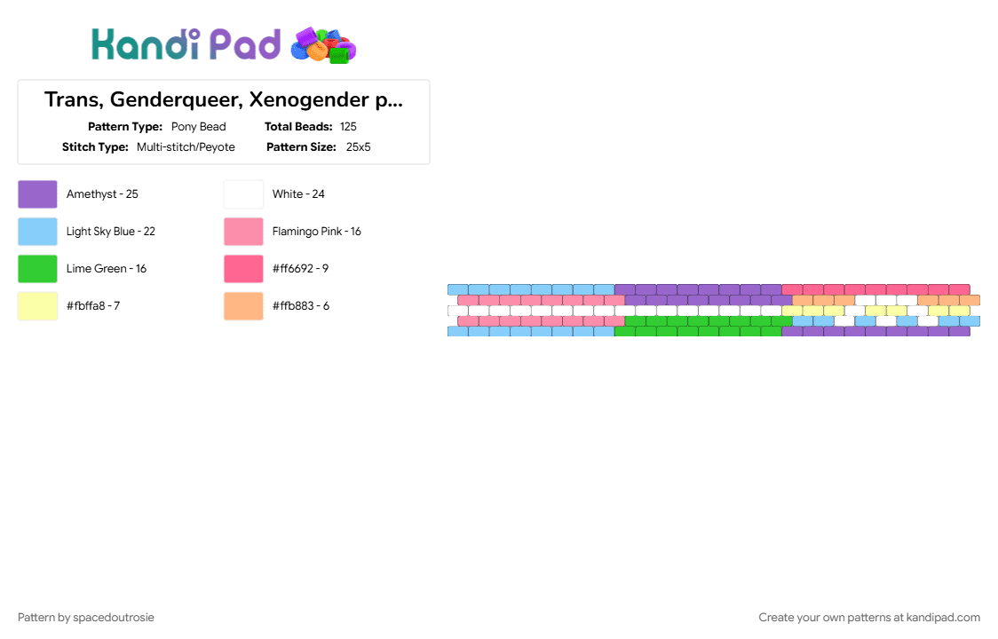 Trans, Genderqueer, Xenogender pride flags cuff - Pony Bead Pattern by spacedoutrosie on Kandi Pad - bracelet, cuff, flags, gender, genderqueer, green, light blue, pink, pride, purple, trans, xenogender