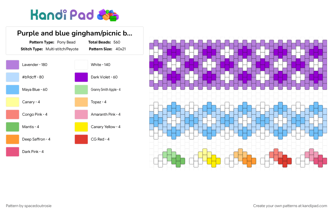 Purple and blue gingham/picnic blanket rhombus cuffs :3 - Pony Bead Pattern by spacedoutrosie on Kandi Pad - blue, cuff, light blue, pattern, pink, plaid, purple, simple