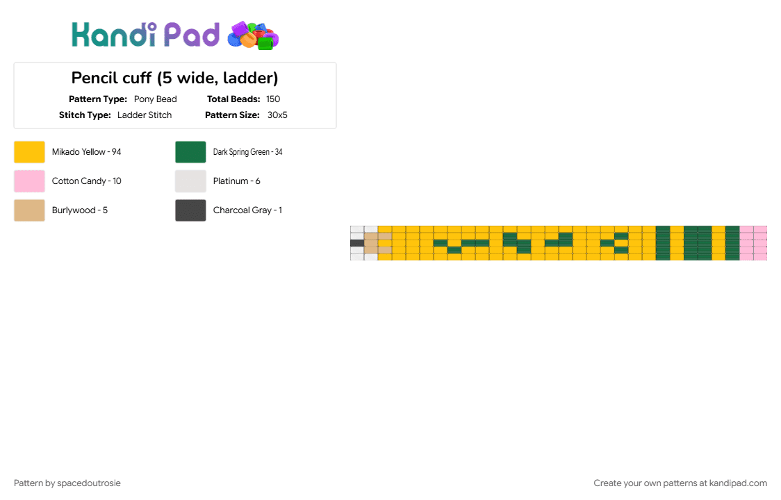 Pencil cuff (5 wide, ladder) - Pony Bead Pattern by spacedoutrosie on Kandi Pad - cuffs, cute, green, pencil, school, teacher, teaching, tool, yellow