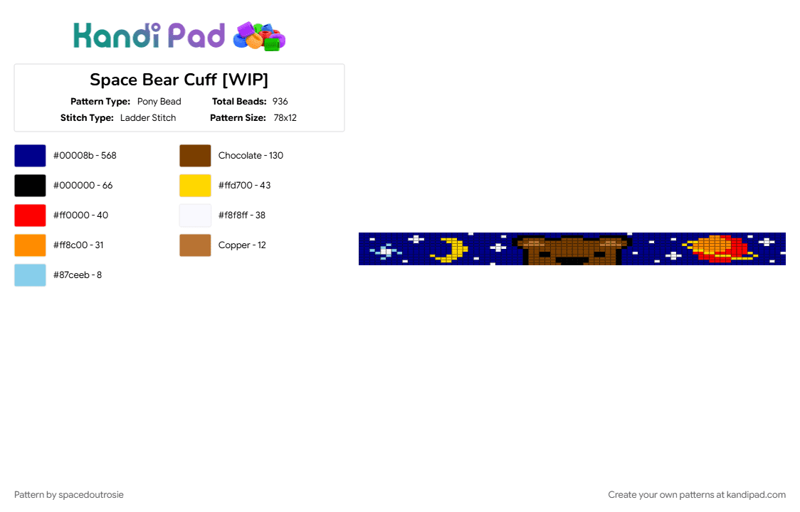 Space Bear Cuff [WIP] - Pony Bead Pattern by spacedoutrosie on Kandi Pad - bear, brown, cuffs, dark blue, purple, space, stars