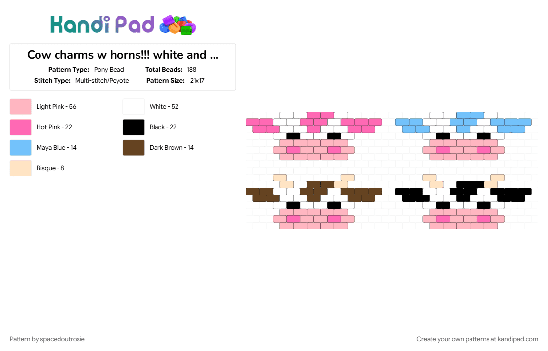 Cow charms w and w/o horns!!! white and pink, blue, brown, black - Pony Bead Pattern by spacedoutrosie on Kandi Pad - blueberry cow, charm, chocolate cow, cow, cute, pink, strawberry cow