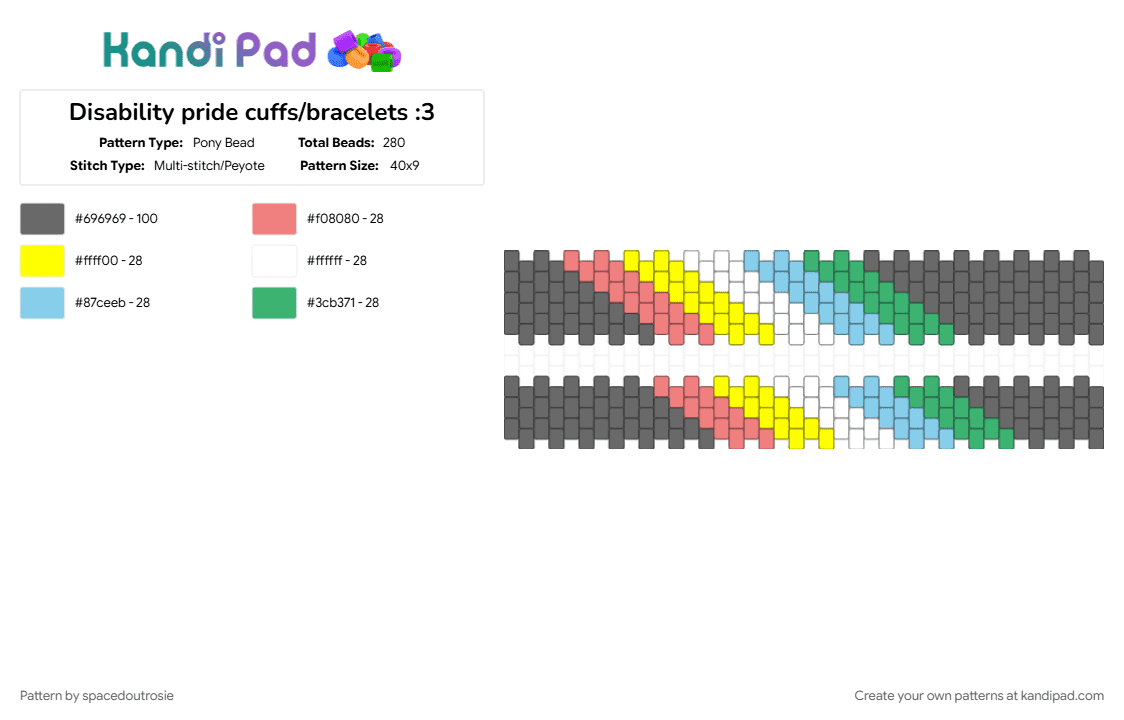 Disability pride cuffs/bracelets :3 - Pony Bead Pattern by spacedoutrosie on Kandi Pad - bracelets, cuffs, disability, disability flag, gray, pride