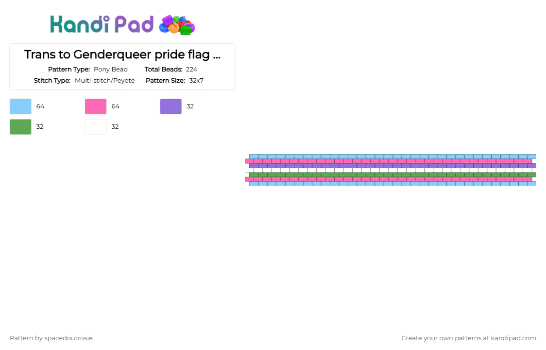 Trans to Genderqueer pride flag bracelet/cuff - Pony Bead Pattern by spacedoutrosie on Kandi Pad - light blue,pink,trans,genderqueer,nonbinary,pride,bracelet,cuff