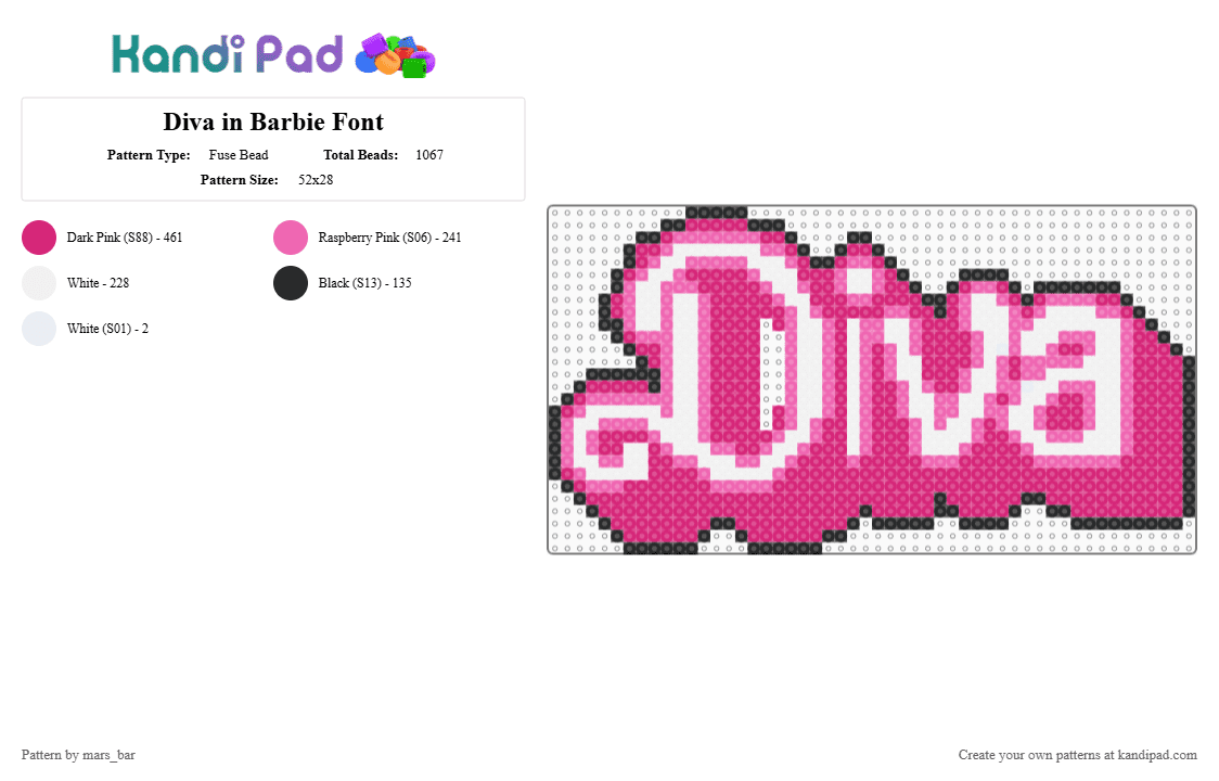 Diva in Barbie Font - Fuse Bead Pattern by mars_bar on Kandi Pad - pink