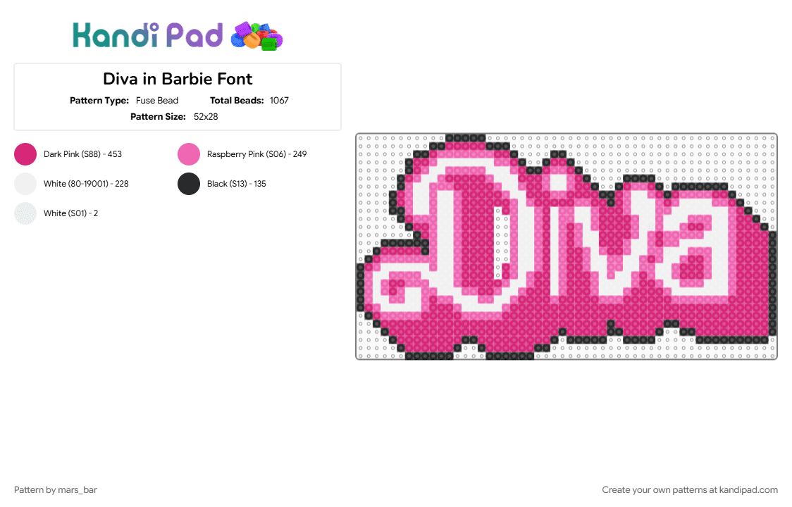 Diva in Barbie Font - Fuse Bead Pattern by mars_bar on Kandi Pad - pink