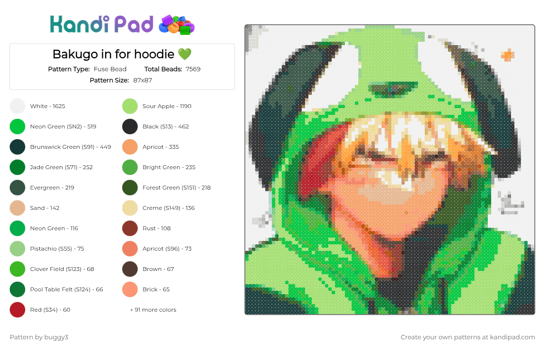 Bakugo in for hoodie 💚 - Fuse Bead Pattern by buggy3 on Kandi Pad - 