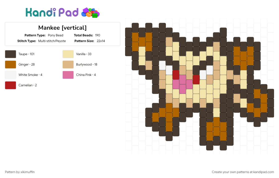 Mankee [vertical] - Pony Bead Pattern by xikimuffin on Kandi Pad - angry, brown, critter, cute, mankee, mankey, monkey, pokemon, yellow