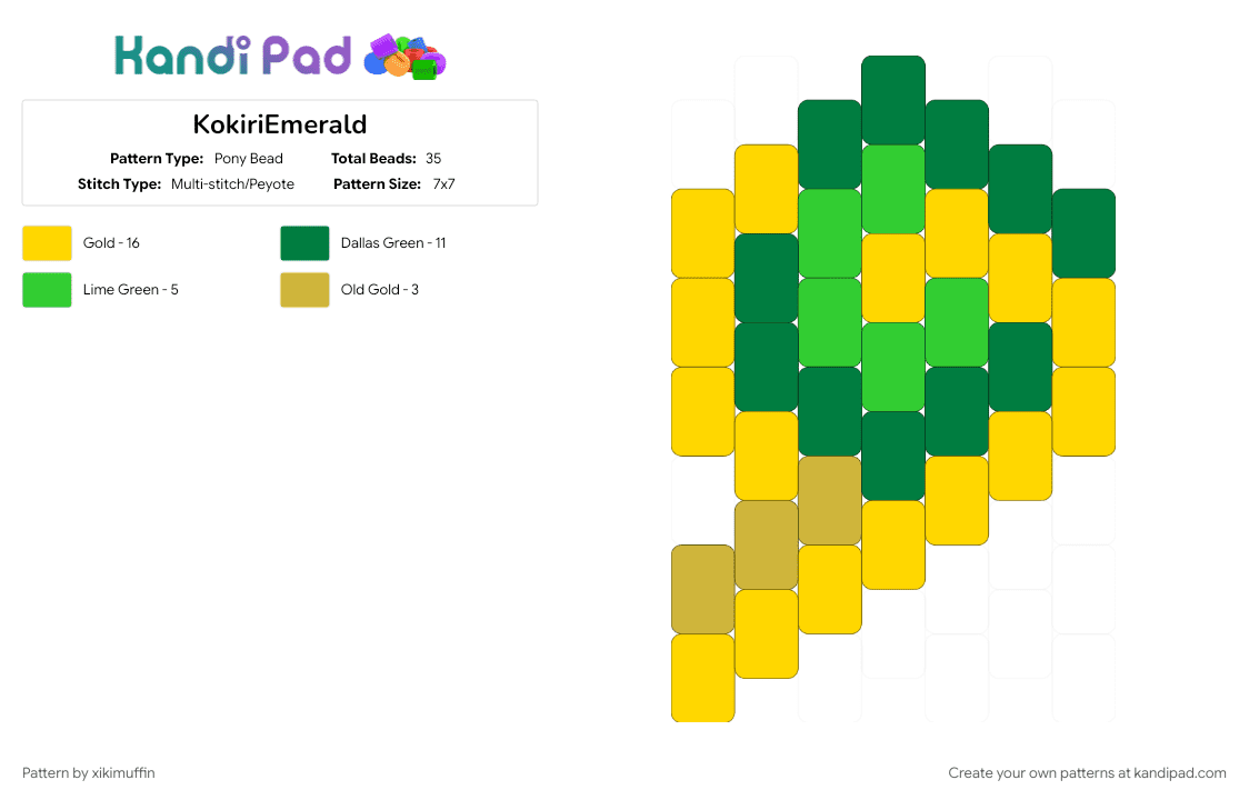 KokiriEmerald - Pony Bead Pattern by xikimuffin on Kandi Pad - emerald, green, nintendo, oot, tloz, video game, yellow, zelda