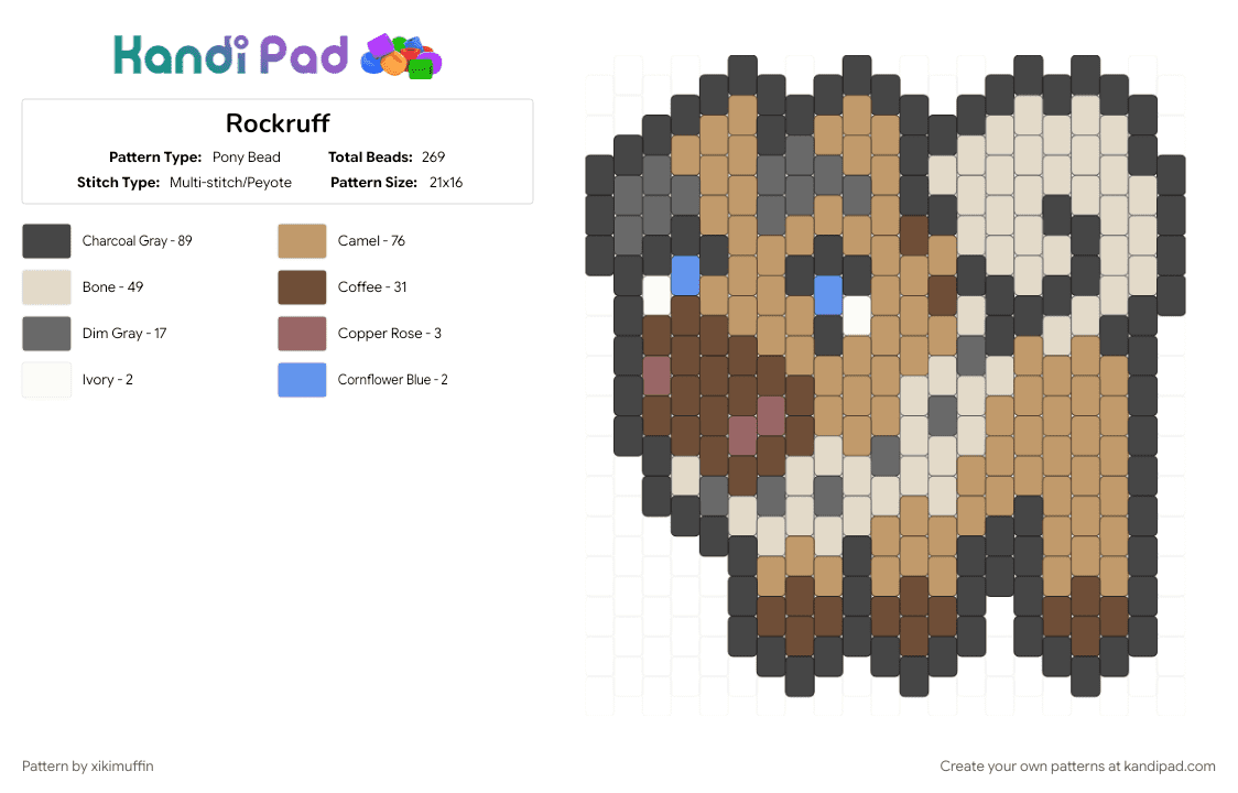 Rockruff - Pony Bead Pattern by xikimuffin on Kandi Pad - beige, brown, dog, pokemon, pup, puppy, rockruff, tan