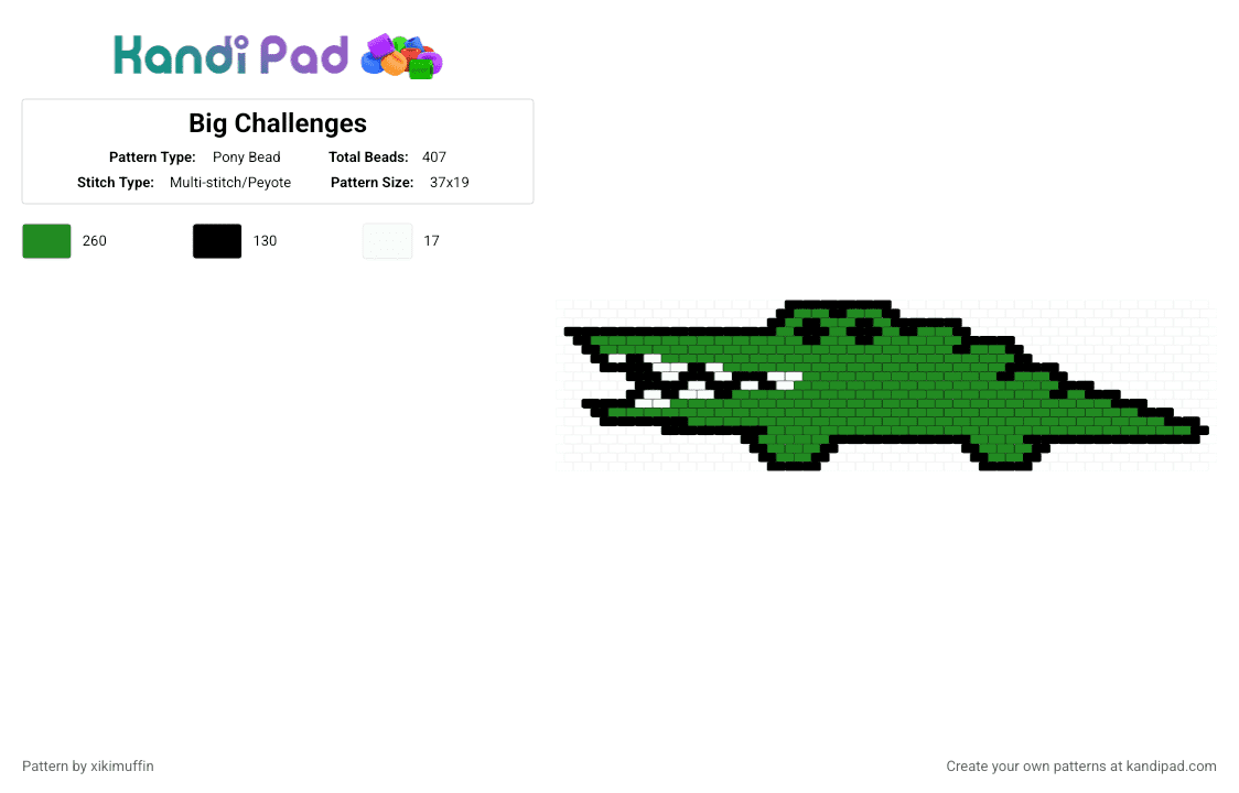 Big Challenges - Pony Bead Pattern by xikimuffin on Kandi Pad - alligator, big challenges, crocodile, green, hello kitty, sanrio
